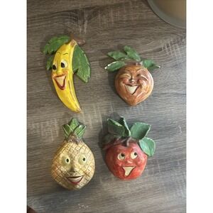 Vintage MCM Anthropomorphic Chalkware Fruit Faces Wall Art Decor Lot of 4 Kitsch